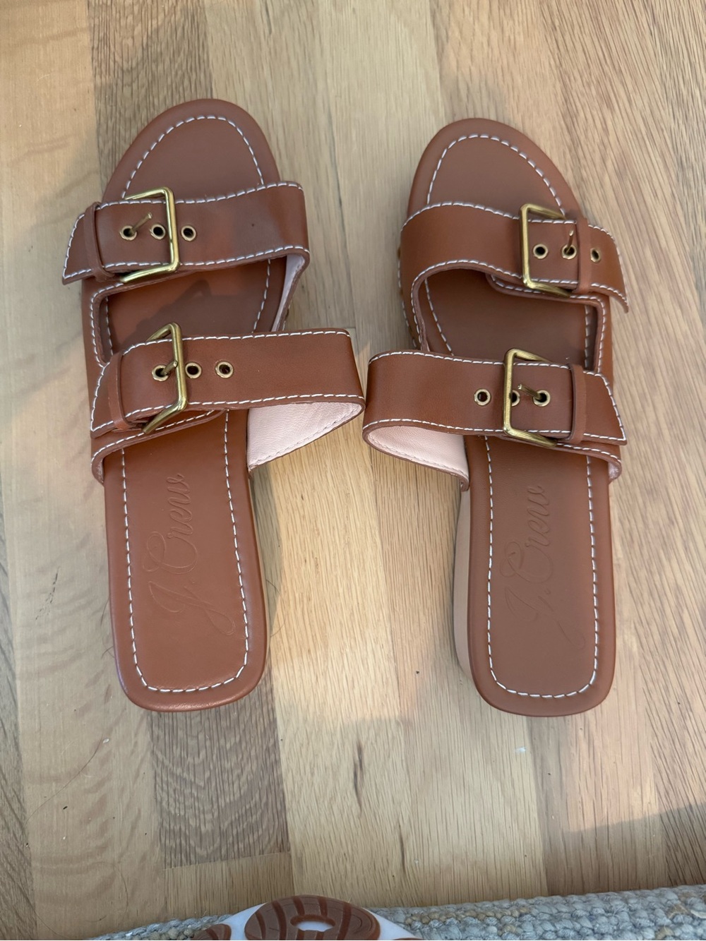 J. Crew Tan Leather Double-Buckle Slide Mules
